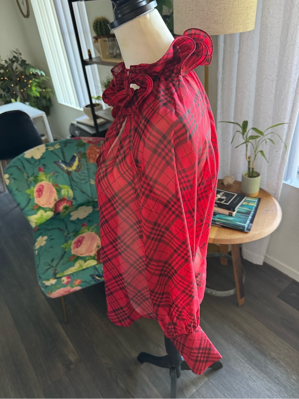 Boston Proper Red Plaid Ruffle V-Neck Blouse - Picture 5 of 8